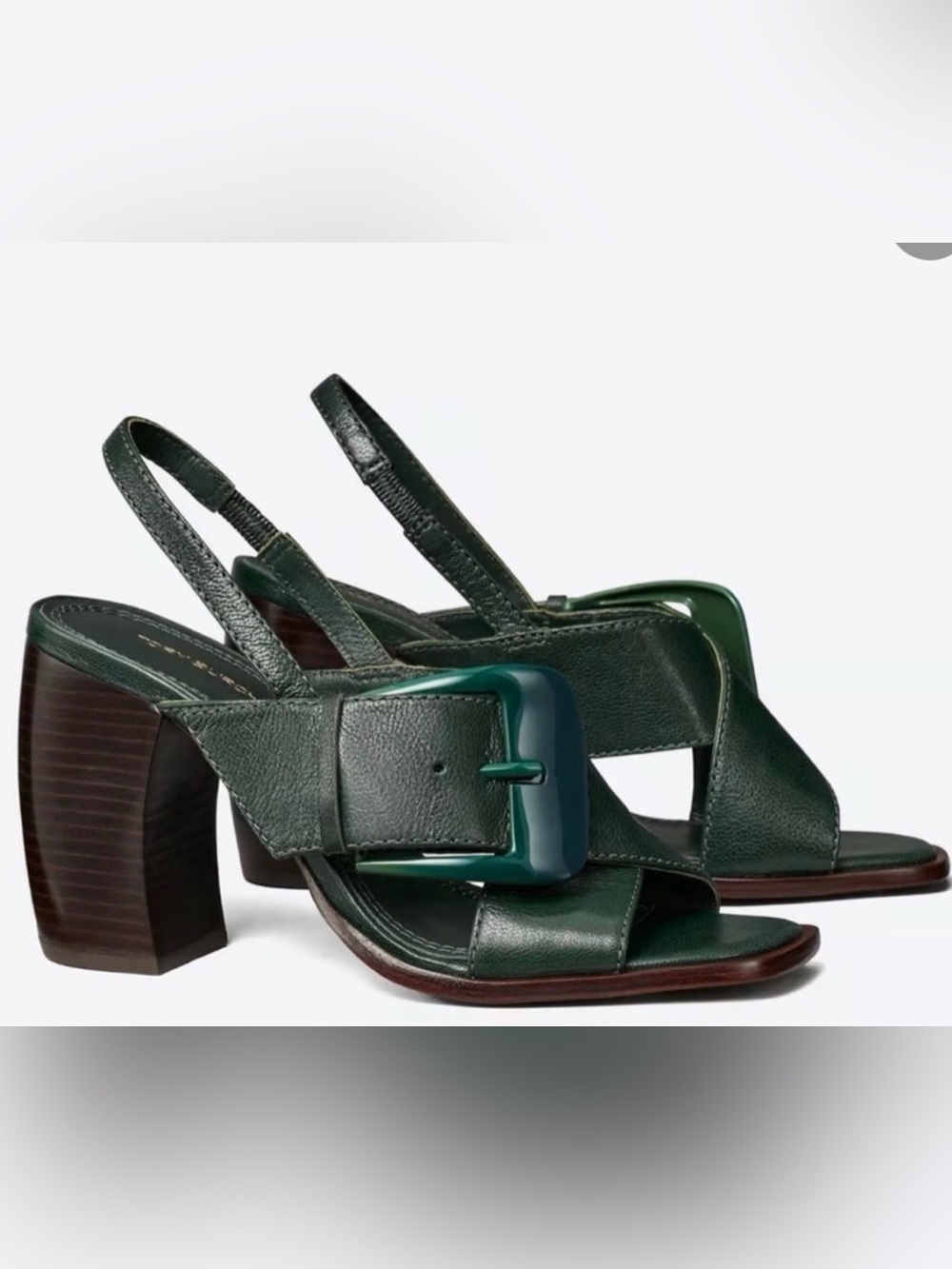 Tory Burch Dark Green Leather Buckle Slingback Banana Shaped Heels